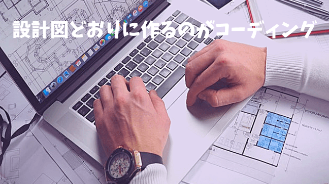 コーディング　ブログ　仕様書　デザイン　プログラミング　違い　メリット　パソコンんの画面に設計図　腕時計